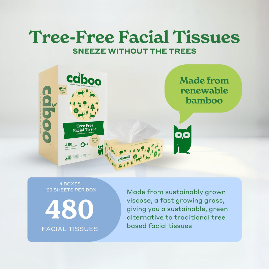 Caboo Tree Free Facial Tissues, 120 Tissues Per Box, 480 Total