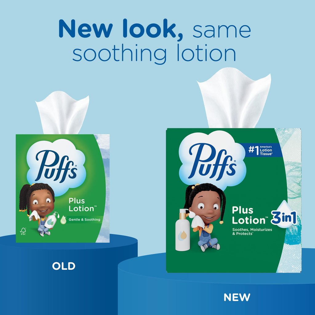 Puffs Facial Tissues Plus Lotion, 18 Cube Boxes, 56 Facial Tissues per Box, Allergies and Colds (Packaging May Vary)