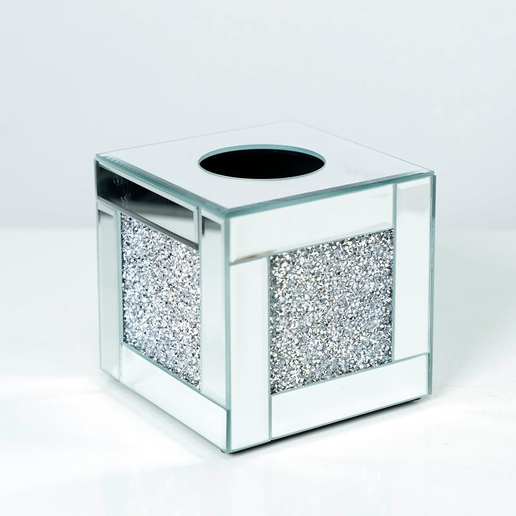 Mirrored Tissue Box Cover Holder, Square Glass Facial Tissue Holder with Crushed Diamond Crystals, Luxury Facial Paper Organizer Dispenser for Bathroom, Vanity Countertop, Tabletop, Silver