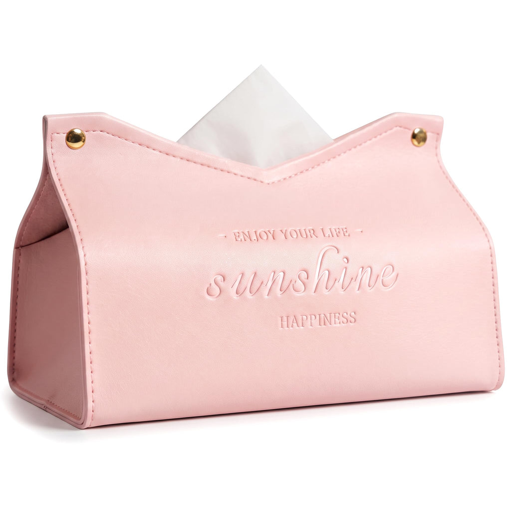 Tissue Box Cover Rectangle, Premium PU Leather Minimalist Tissue Holder with Snap Closure, Modern Decorative Tissue Dispenser for Bathroom Vanity, Bedroom Nightstand, Living Room & Office (Pink)