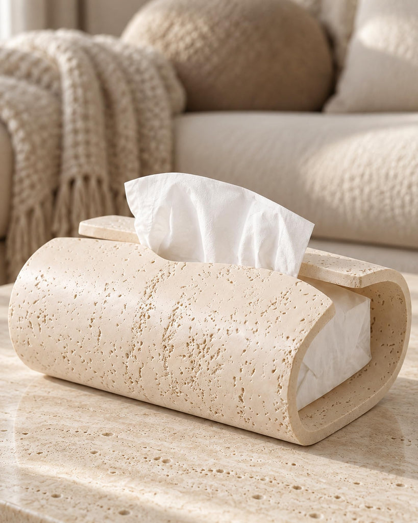 Decorative Tissue Box Holder, Rectangle Travertine Textures Resin Tissue Box Cover, Stone-Look Curved Open Design, Wabi Sabi Organic Modern Home Decor for Bathroom, Bedroom, Living Room, Office, Beige