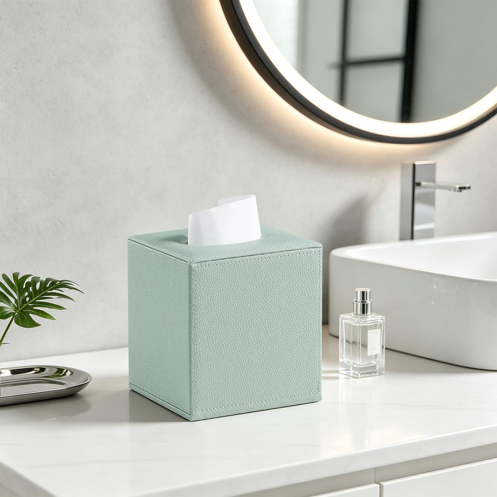 JLAMBOM PU Leather Tissue Box Cover Square Tissue Box Holder (Sage Green)
