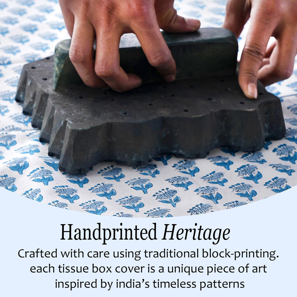 CPC 100% Cotton Piping Block Print Tissue Box Cover, Apatite Blue