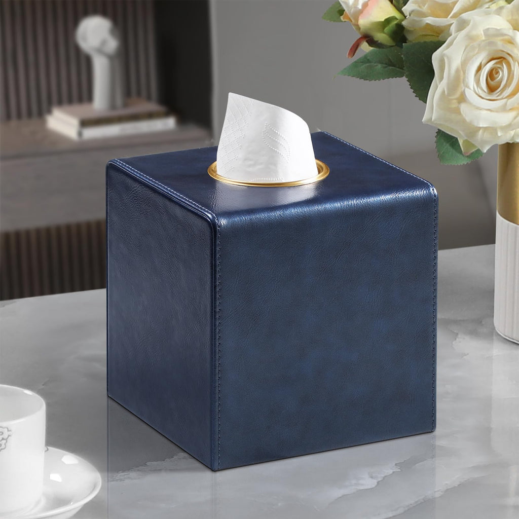MEIBOOCH Square Tissue Box Cover with Magnetic Closure, Navy Blue