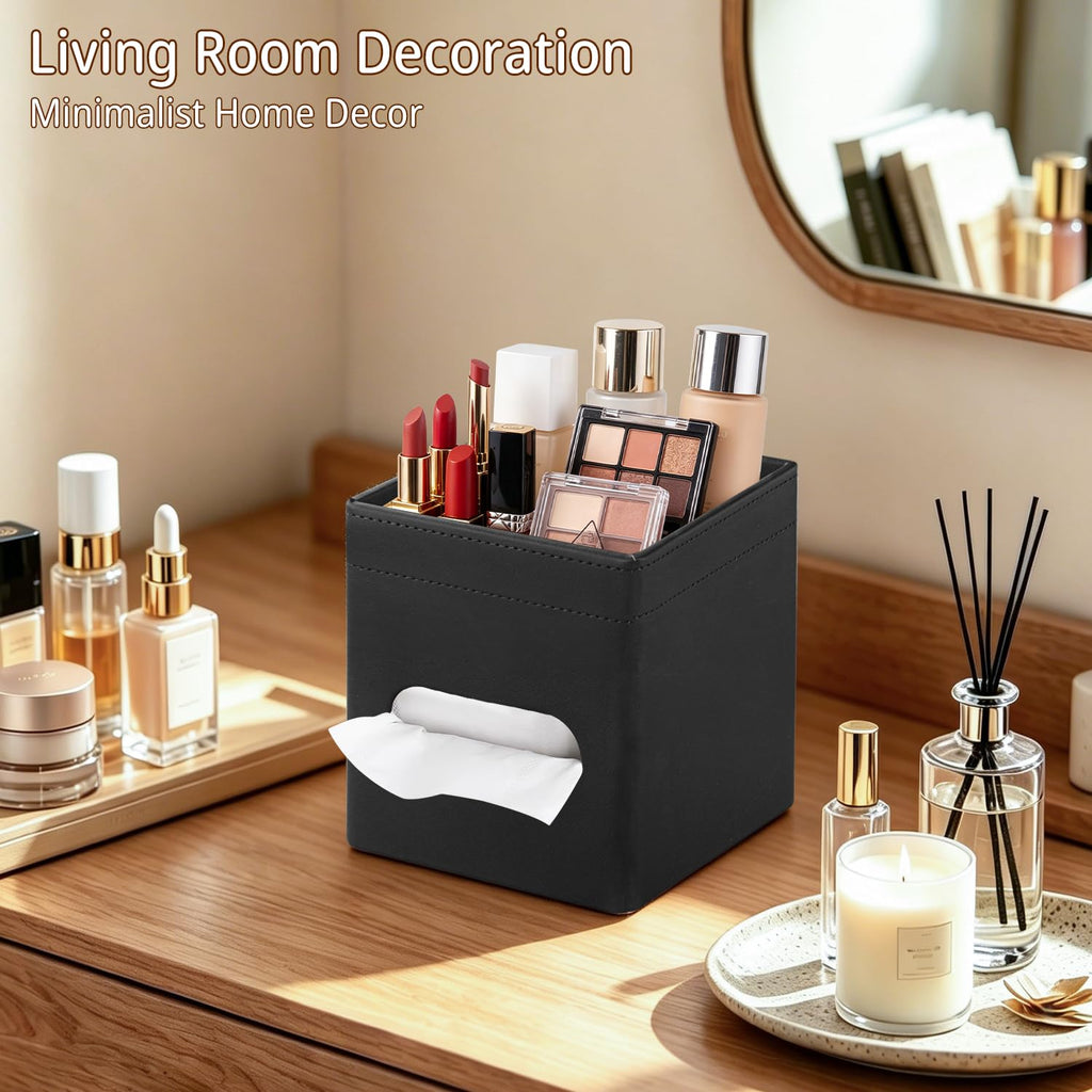 PUSU Square PU Leather Tissue Box Cover with Top Storage Tray Modern Decor