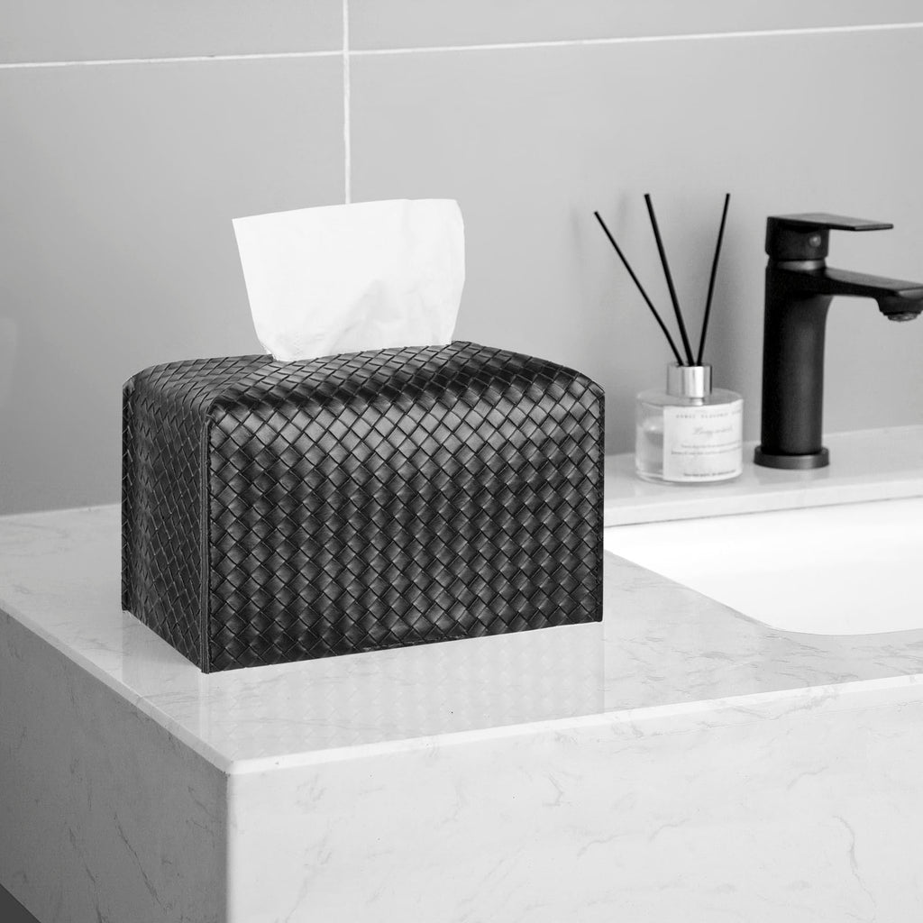 Tissue Box Cover Square Leather Facial Paper Holder, Black
