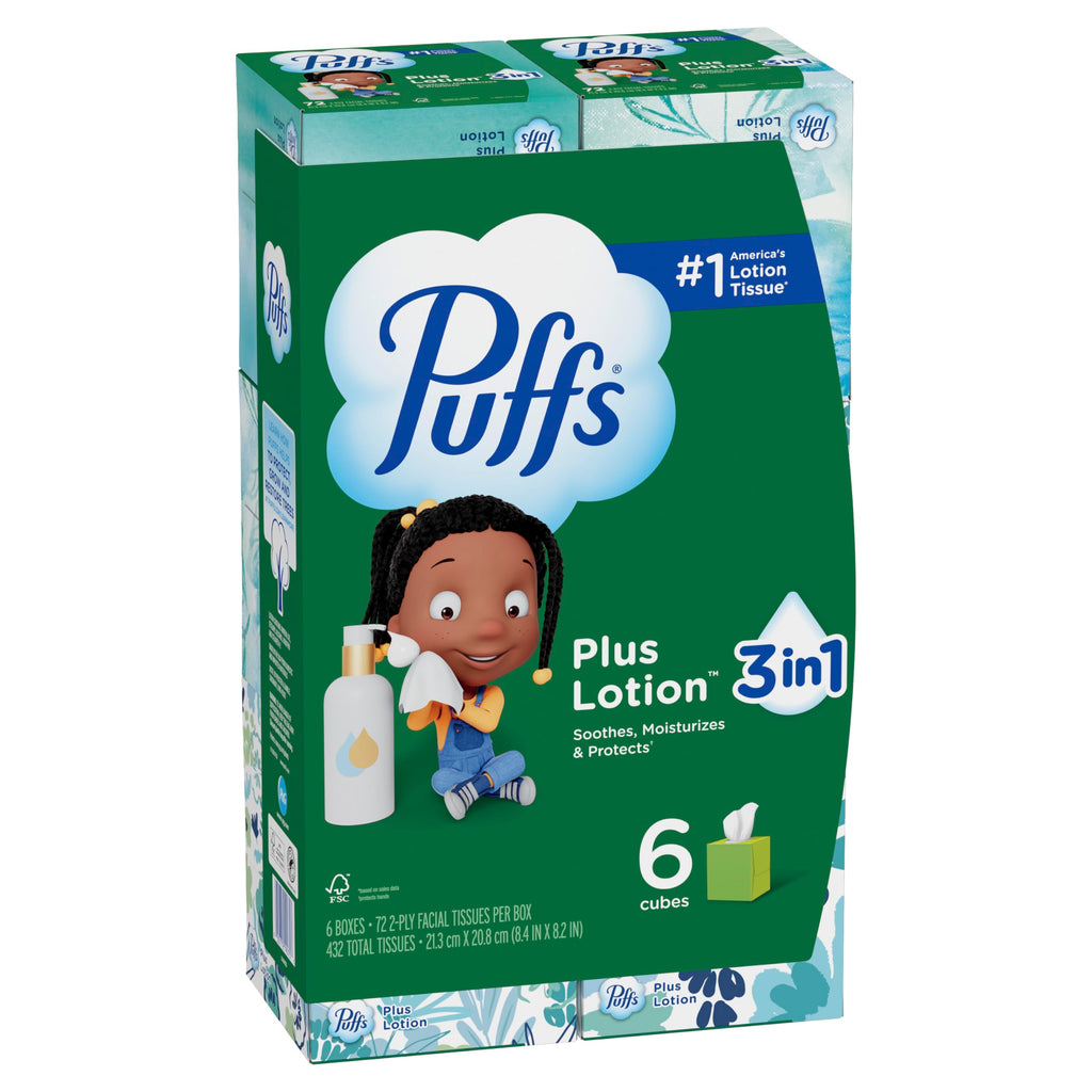 Puffs Facial Tissue Plus Lotion, Mega Cube Box, 72 Tissues Per Box, 6 Count