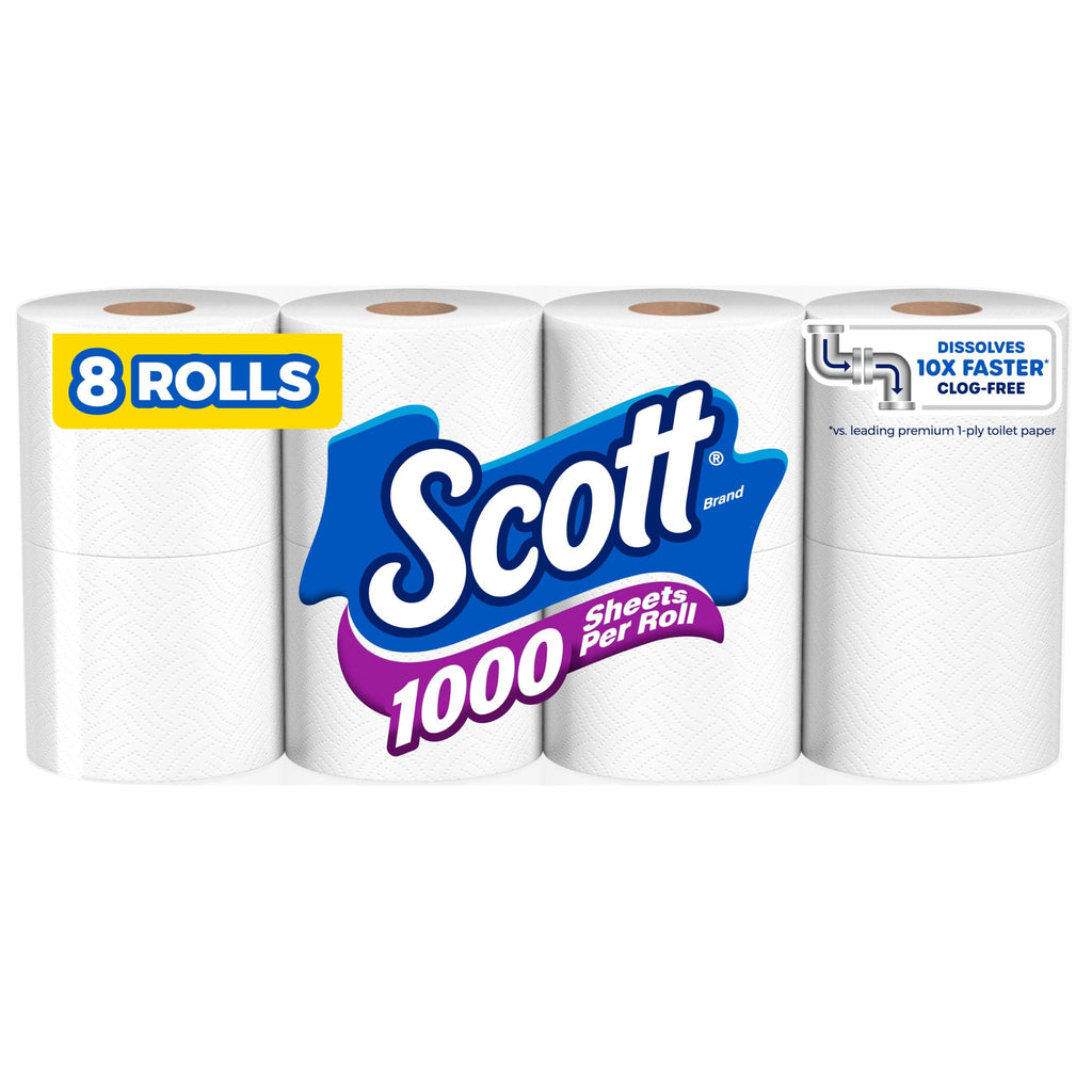 Scott 1000 Toilet Paper, 8 Rolls, Septic-Safe, 1-Ply Toilet Tissue