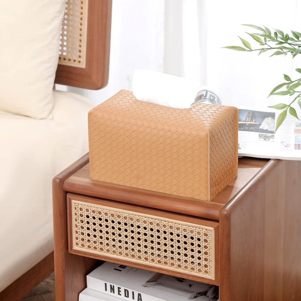 Tissue Box Cover Rectangle Leather Facial Paper Holder, Khaki