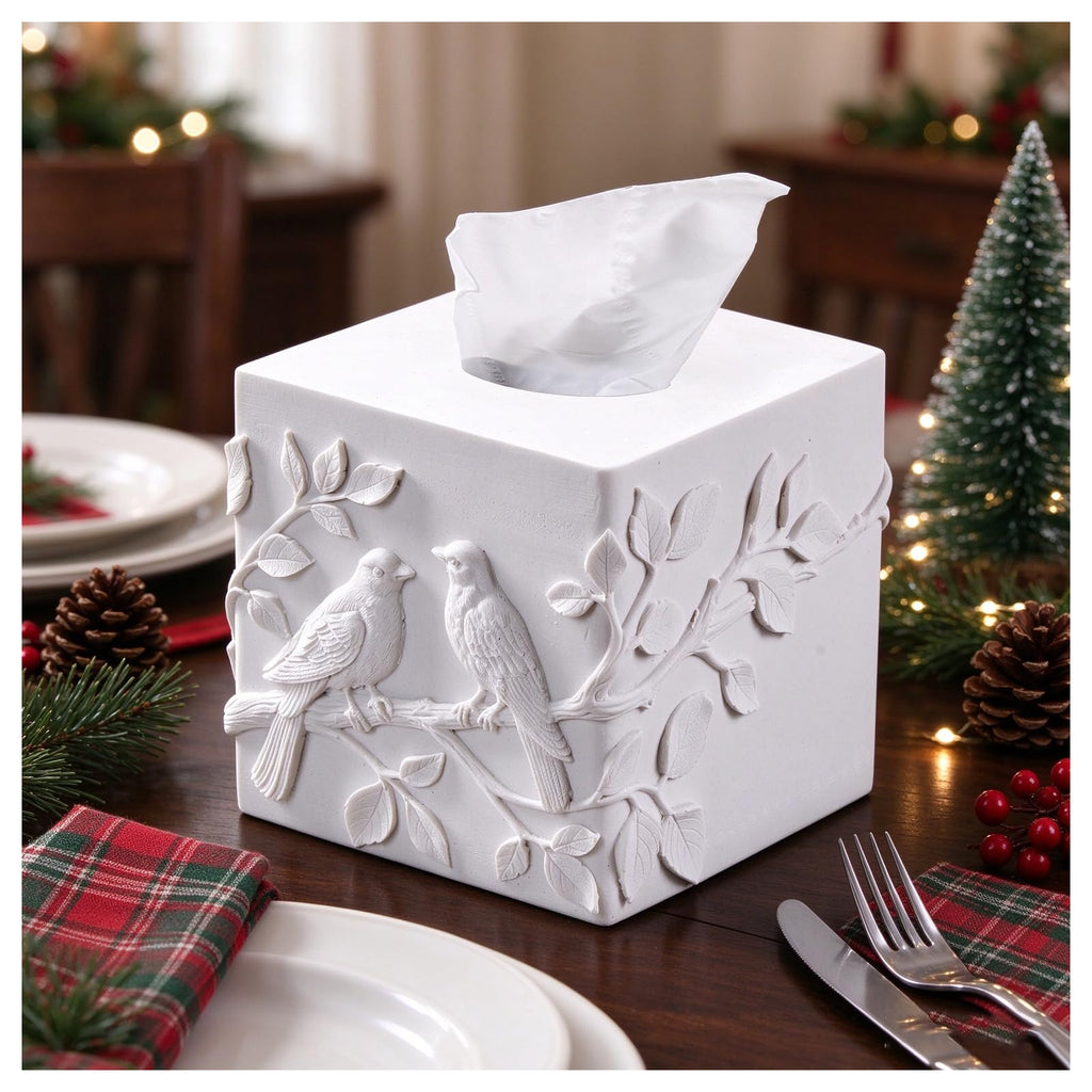White Square Tissue Box Cover with Marble Relief Birds Branch Decorative