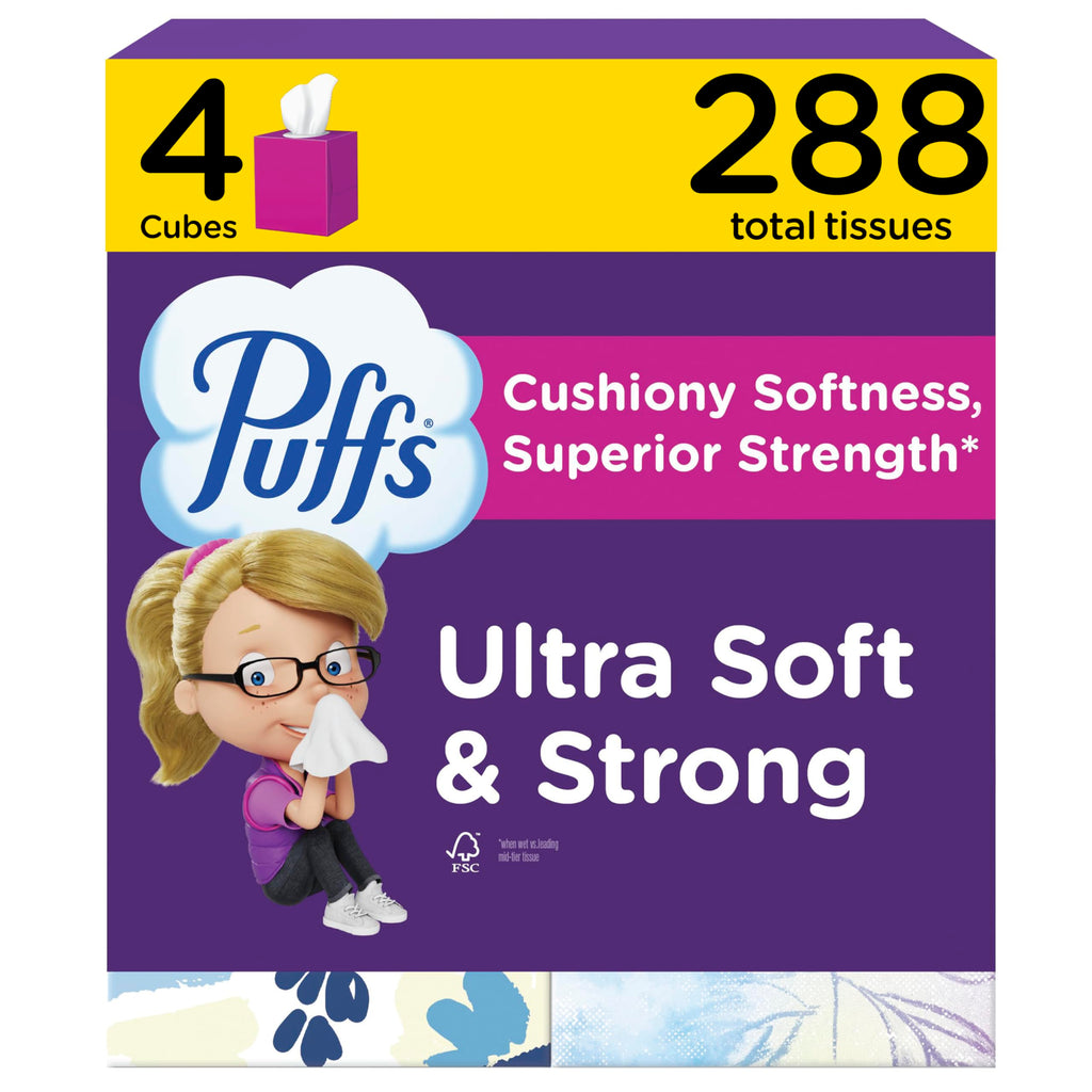 Puffs Facial Tissues Ultra Soft, 4 Mega Cube Boxes, 72 Facial Tissues per Box, Allergies and Colds (Packaging May Vary)