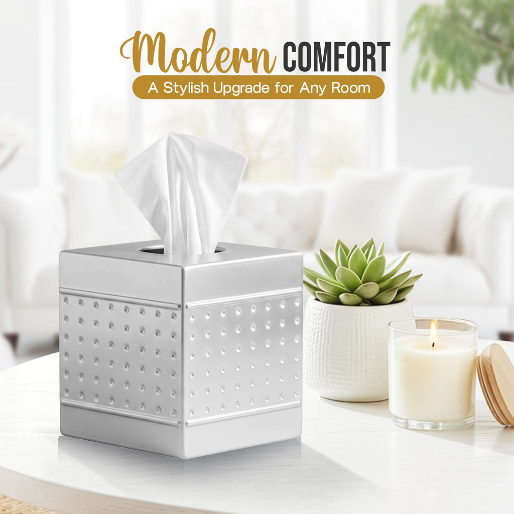 LUXMODE Handmade Metal Silver Tissue Box Cover – Square – 5x5x5.25 Inch – Open Bottom - Modern Tissue Holder for Bathroom, Living Room, Bedroom & Office Décor
