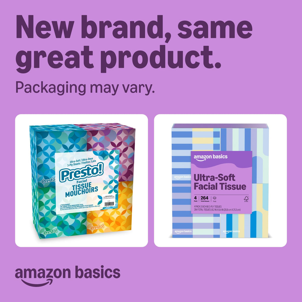 Amazon Basics Ultra-Soft 3-Ply Premium Facial Tissues, 264 Count (4 Cube Boxes of 66) (Previously Presto!)