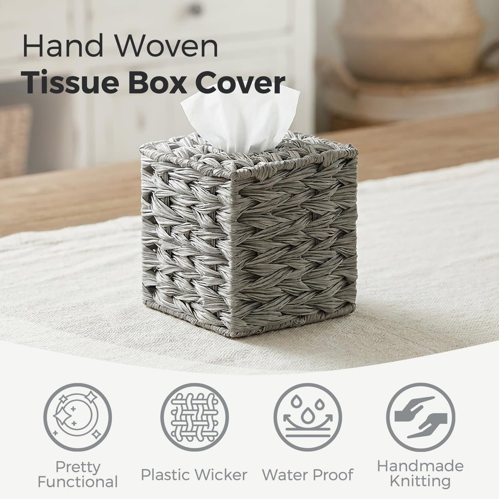 PE Wicker Tissue Box Cover Square, Handwoven Facial Tissue Box Holder Gray