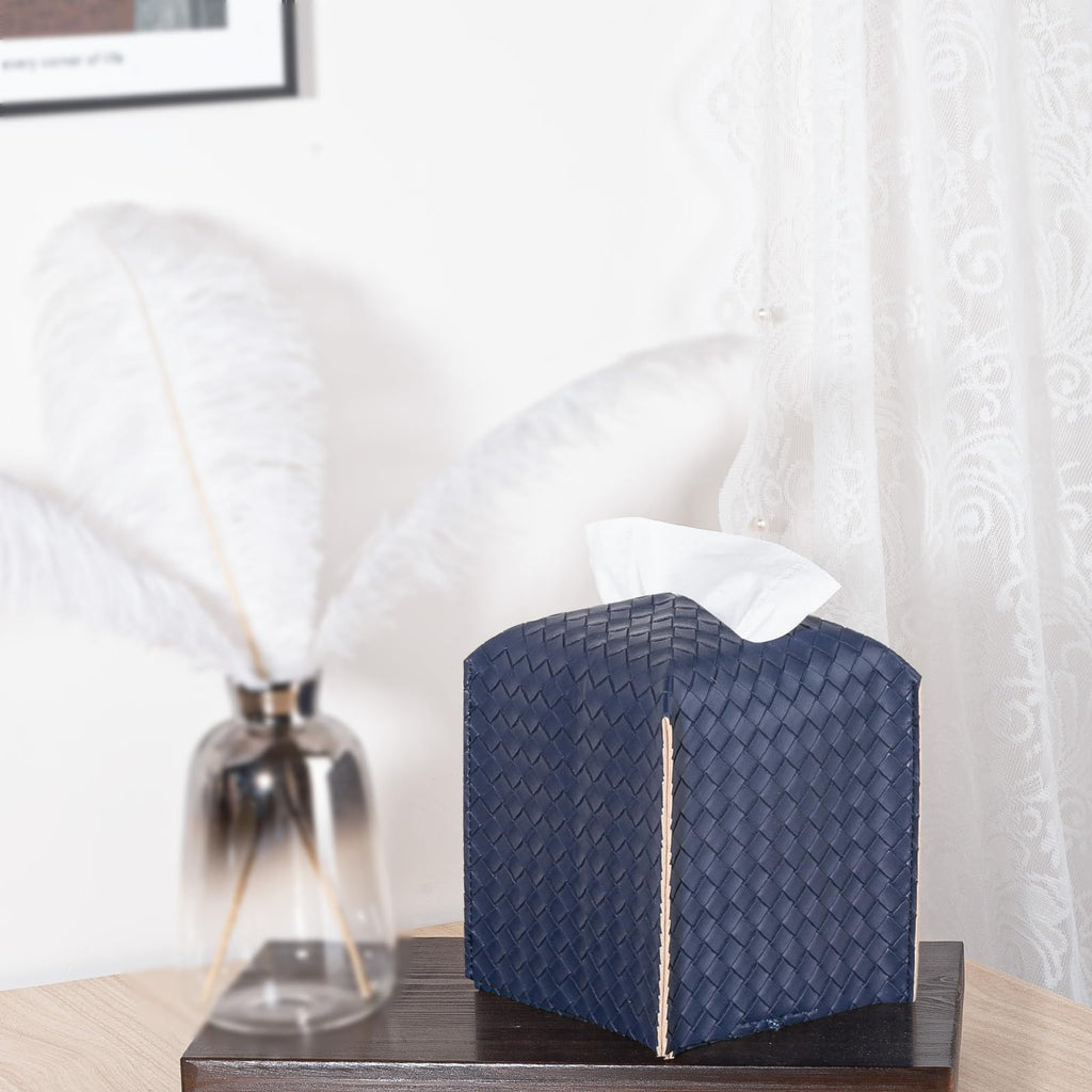 Tissue Box Cover Square Leather Facial Paper Holder, Navy Blue