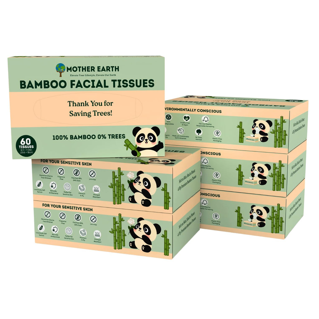 MOTHER EARTH Bamboo Facial Tissues 4 Ply, Lint Free Flat Box Tissue, Hypoallergenic, Unscented, Tree Free, Septic Safe, Gentle for Sensitive Skin, 360 Count (60 Sheets x 6 Boxes)