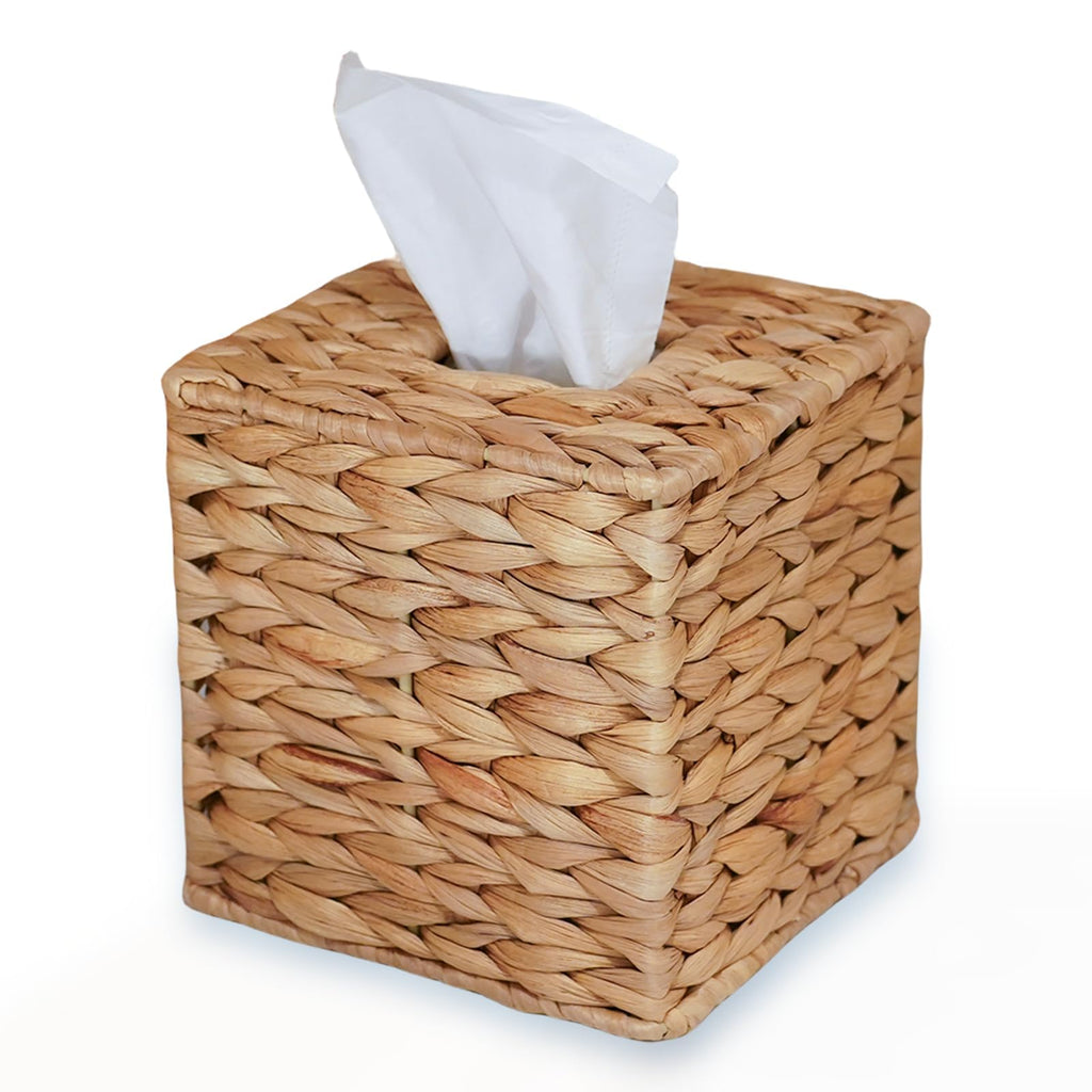 PINXIURY Water Hyacinth Handwoven Tissue Box Cover, Natural Handmade Wicker Napkin Box Holder, Handcrafted Square Facial Tissue, Rustic Decorative on Table and Bathroom, Office, Boho Decorative