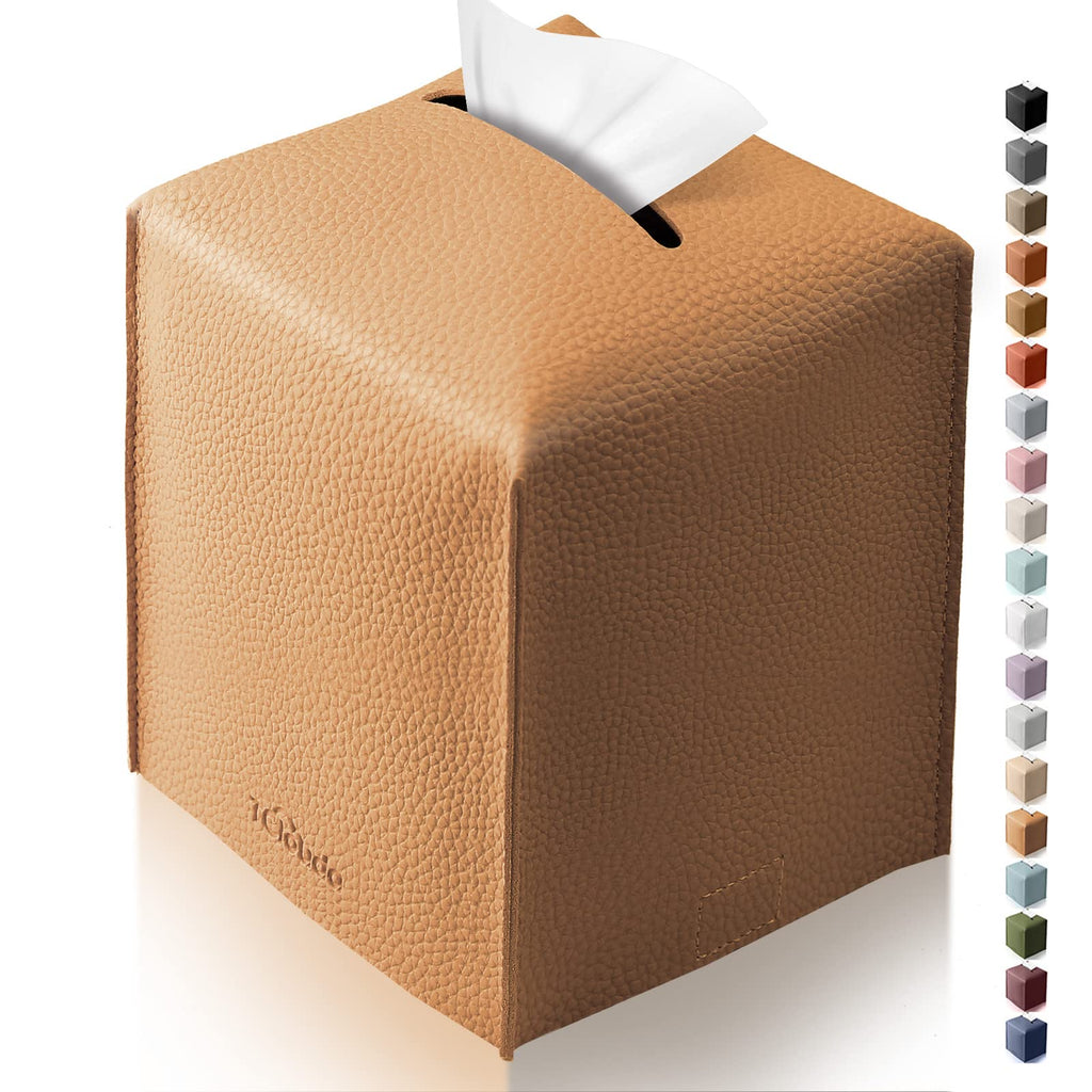Tissue Box Cover, Tclouda, Modern PU Leather Square Tissue Box Holder for Creative Decorative, Ideal for Bathrooms/Office/Car/Nightstand/Outdoor Tent/Dining Table, 5"X5"X5", Single Claybank