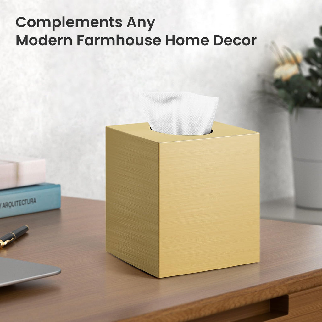 Tissue Box Cover, Square Plastic Tissue Holder with Non-Slip Base, Gold