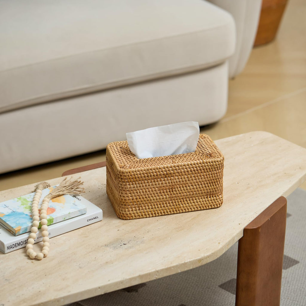 Rattan Tissue Box Cover, Rectangle Wicker Tissue Box Holder, Boho Tissue Box Cover for Living Room, Bathroom, Kitchen, Bedroom, 10.2 x 6.2 x 5.3 inch, Natural