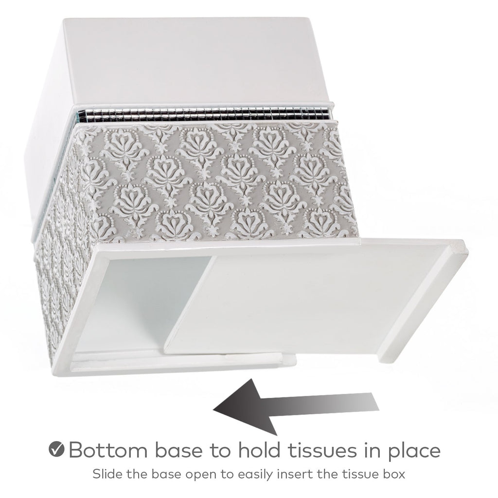 Mirror Damask White & Gray Square Resin Tissue Box Cover with Bottom Slider