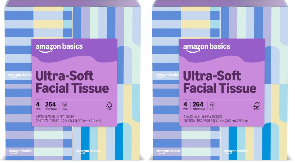 Amazon Basics Facial Tissues, 3-Ply, Ultra-Soft | Premium | 264 Count | 8 Packs (Previously Presto!)