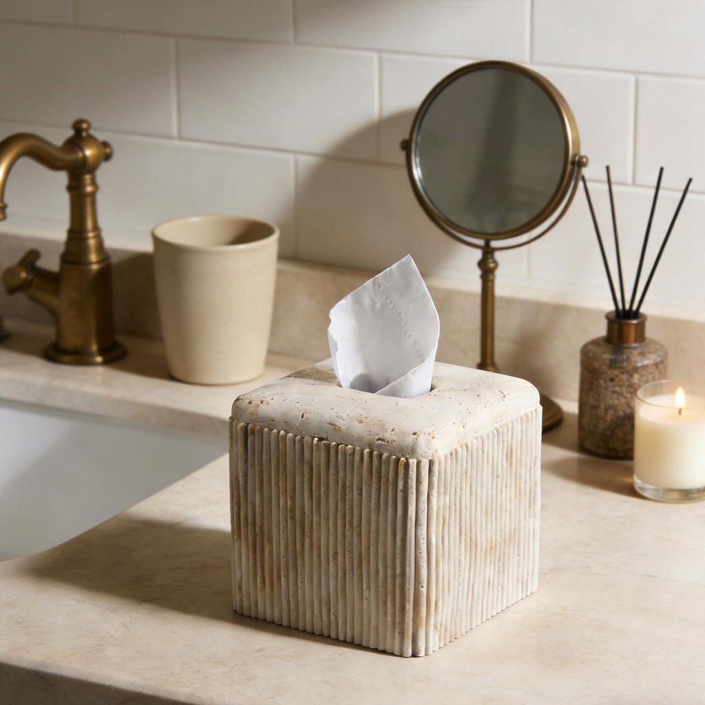 Travertine Stone-Look Ribbed Square Tissue Box Cover for Modern Home Decor
