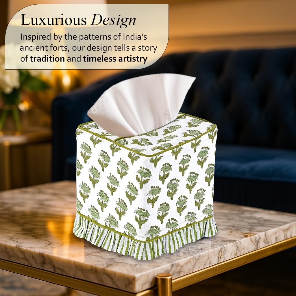 CPC 100% Cotton Ruffle Block Print Tissue Box Cover, Emerald Green