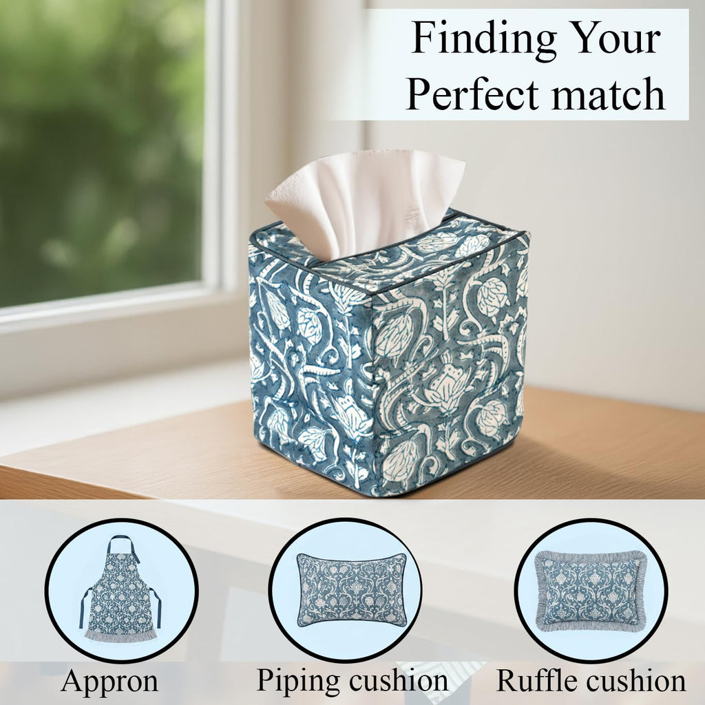 CPC 100% Cotton Piping Block Print Tissue Box Cover, Azure Regal