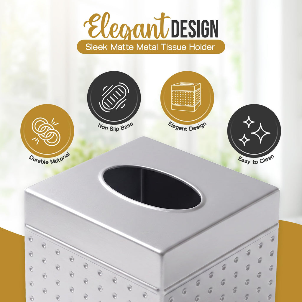 LUXMODE Handmade Metal Silver Tissue Box Cover – Square – 5x5x5.25 Inch – Open Bottom - Modern Tissue Holder for Bathroom, Living Room, Bedroom & Office Décor