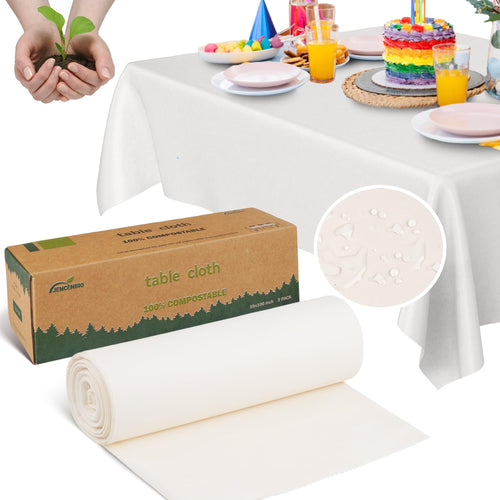 JENCENBIO Compostable Table Cloths for Rectangle Tables 59''x106'' Disposable Tablecloth for Outdoor Party Picnic Wedding 3 Packs White