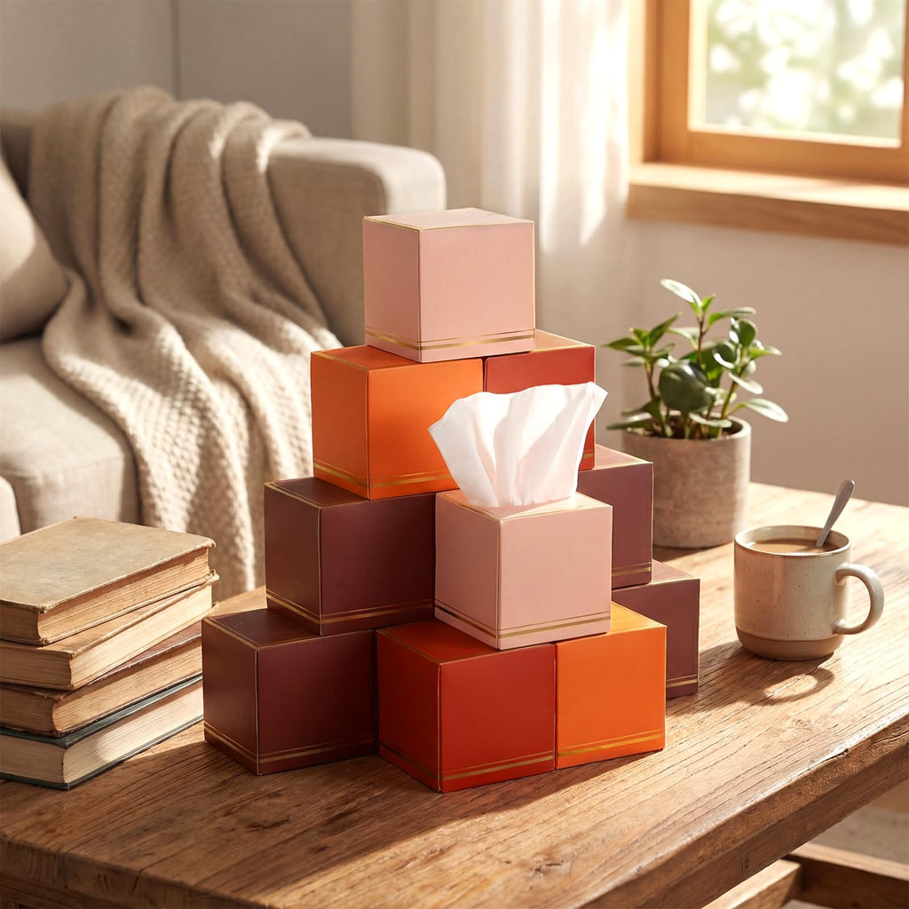 Fourluoo 12 Pack Facial Tissues Cube Boxes Face Box 600 Sheets 3 Ply Soft Paper Square Tissues Bulk for Car Pocket Toilet Household Bedroom Family (Maillard Color)