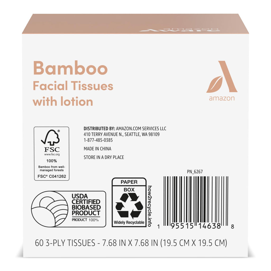 Amazon Aware Bamboo Facial Tissues with Lotion, 3-Ply, 12 Pack, 60 Sheets Per Box, 720 Total