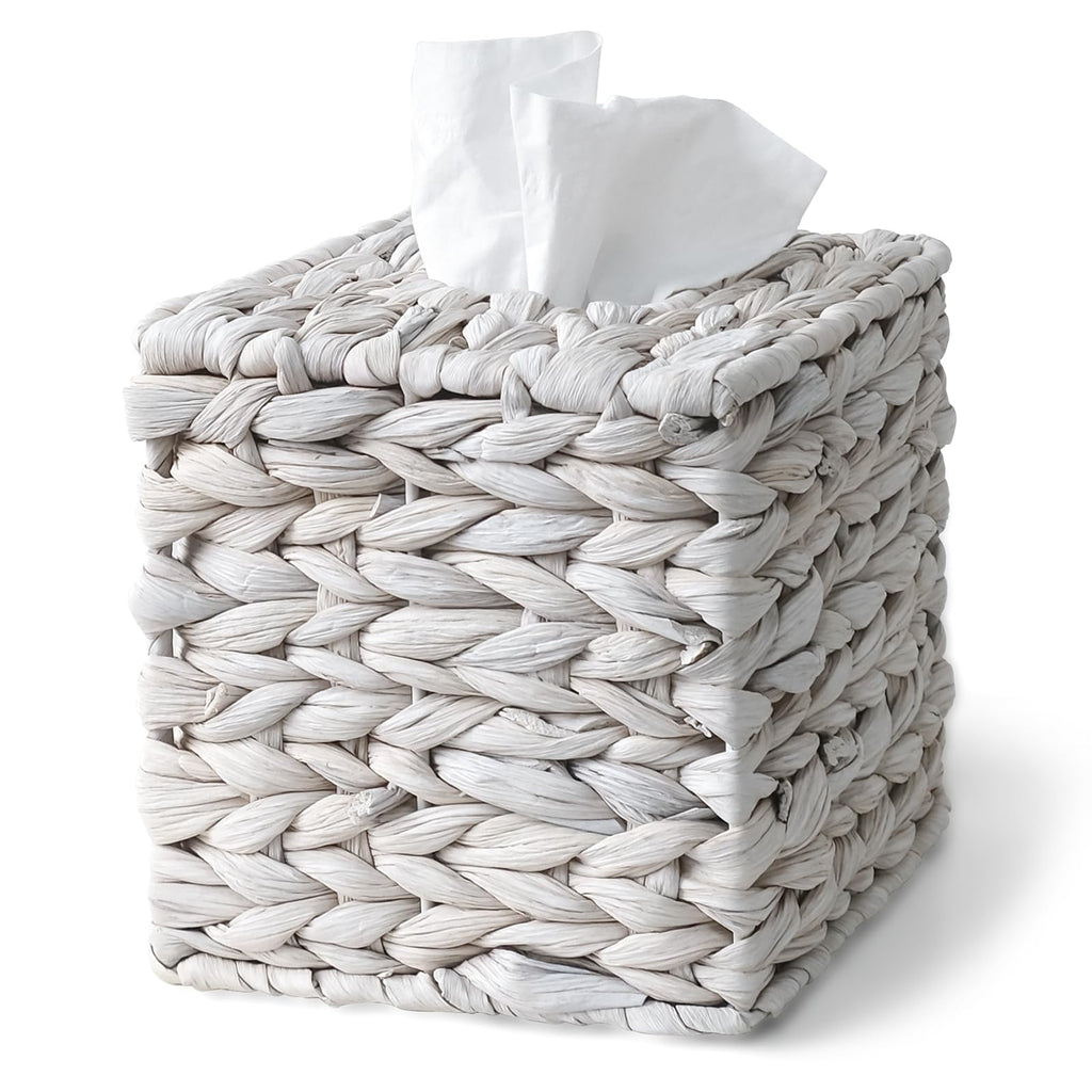 Wicker Tissue Box Cover Square, Handwoven Facial Tissue Box Holder, White
