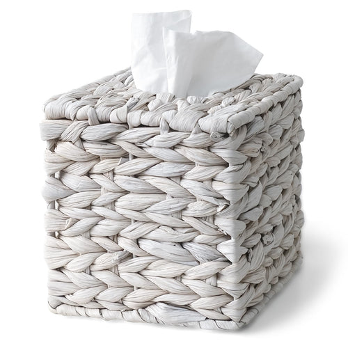 Wicker Tissue Box Cover Square, Handwoven Facial Tissue Box Holder, White