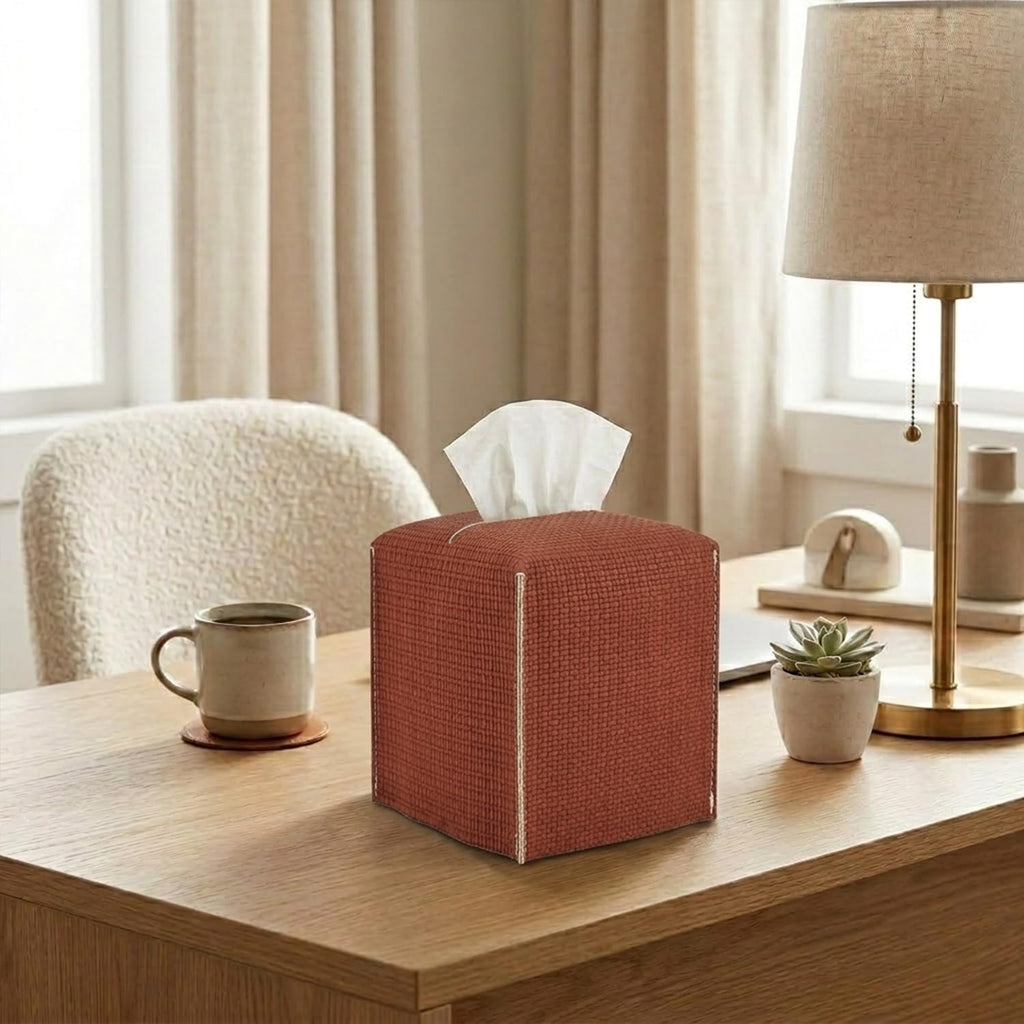 Ricomboo 2 Pack Tissue Box Cover Square, 5x5x5 PU Leather Tissue Boxes Holder, Decor Cube Paper Organizer with Bottom Belt for Bathroom, Home, Night Stands, Office, Kitchen (Terracotta Red)