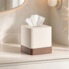 Y-in Hand Square Tissue Box Cover, Facial Cube Tissue Box Holder with Decorative Wood Grain Bottom for Bathroom Vanity, Countertop, Dresser, Nightstand, and Office - Beige