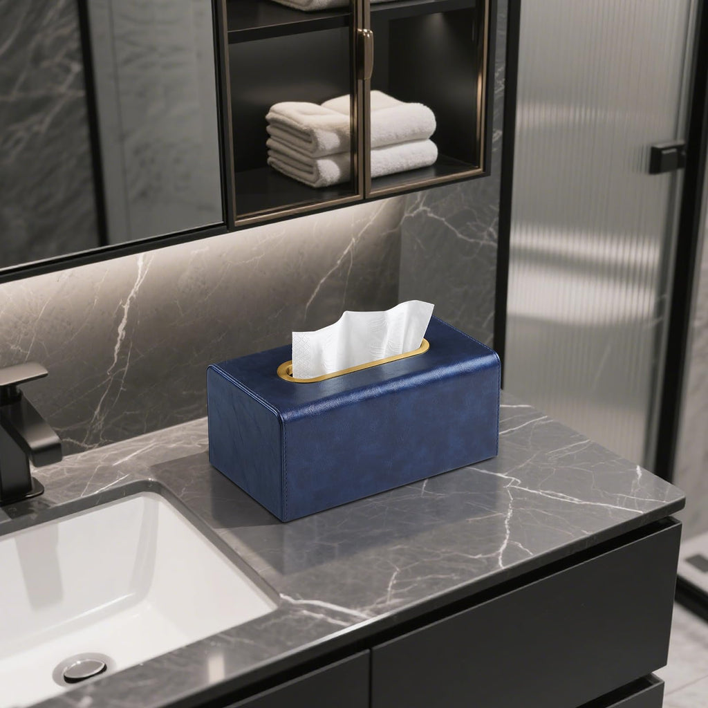 MEIBOOCH Rectangle Tissue Box Cover for Boxes Up to 3.9" Tall, Navy Blue