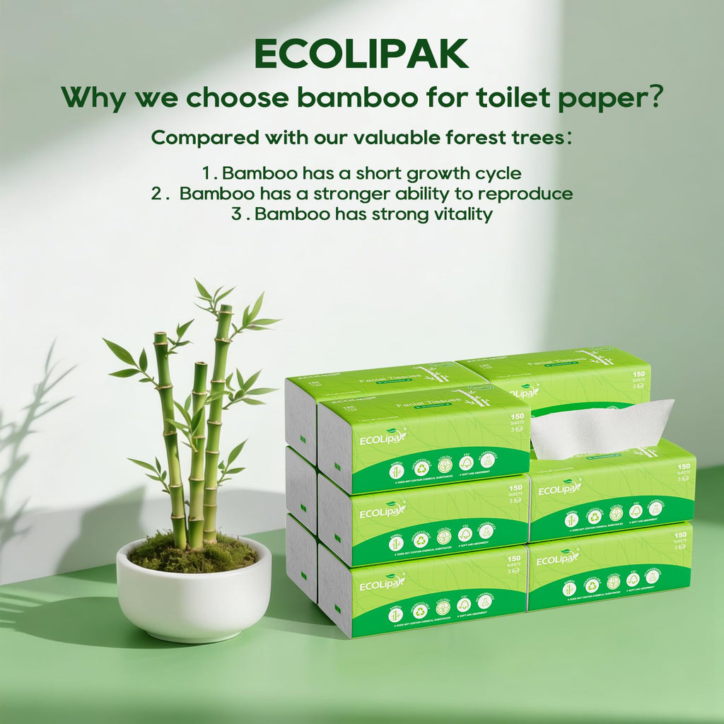 ECOLipak Bamboo Facial Tissues, 12 Packs, 1800 Sheets Total, 3-Ply