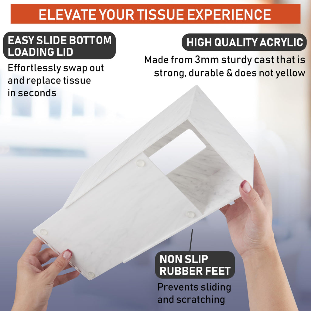 Acrylic Tissue Box Holder, Clear Dispenser for Facial Tissues, Napkins, and Dryer Sheets. Perfect for Bathrooms, Desks, Countertops, Vanities, Bedrooms, and Nightstands (Rectangle, Marble) (Pack of 2)