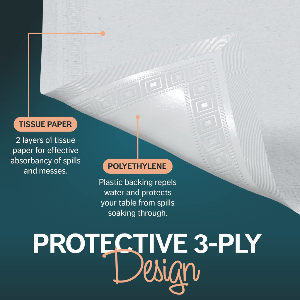 HOUZZKINGZ USA Paper Tablecloths for Rectangle Tables | 54” X 108” – 6 Pack | White Paper Disposable Tablecloth | 3-Ply Premium Paper & Plastic Table Cloths for Parties Disposable