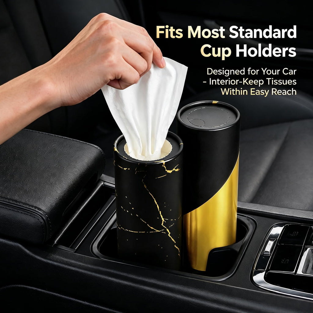 4 Pack Black Car Tissue Holder with 3-Ply Facial Tissues Bulk, Gold Foil