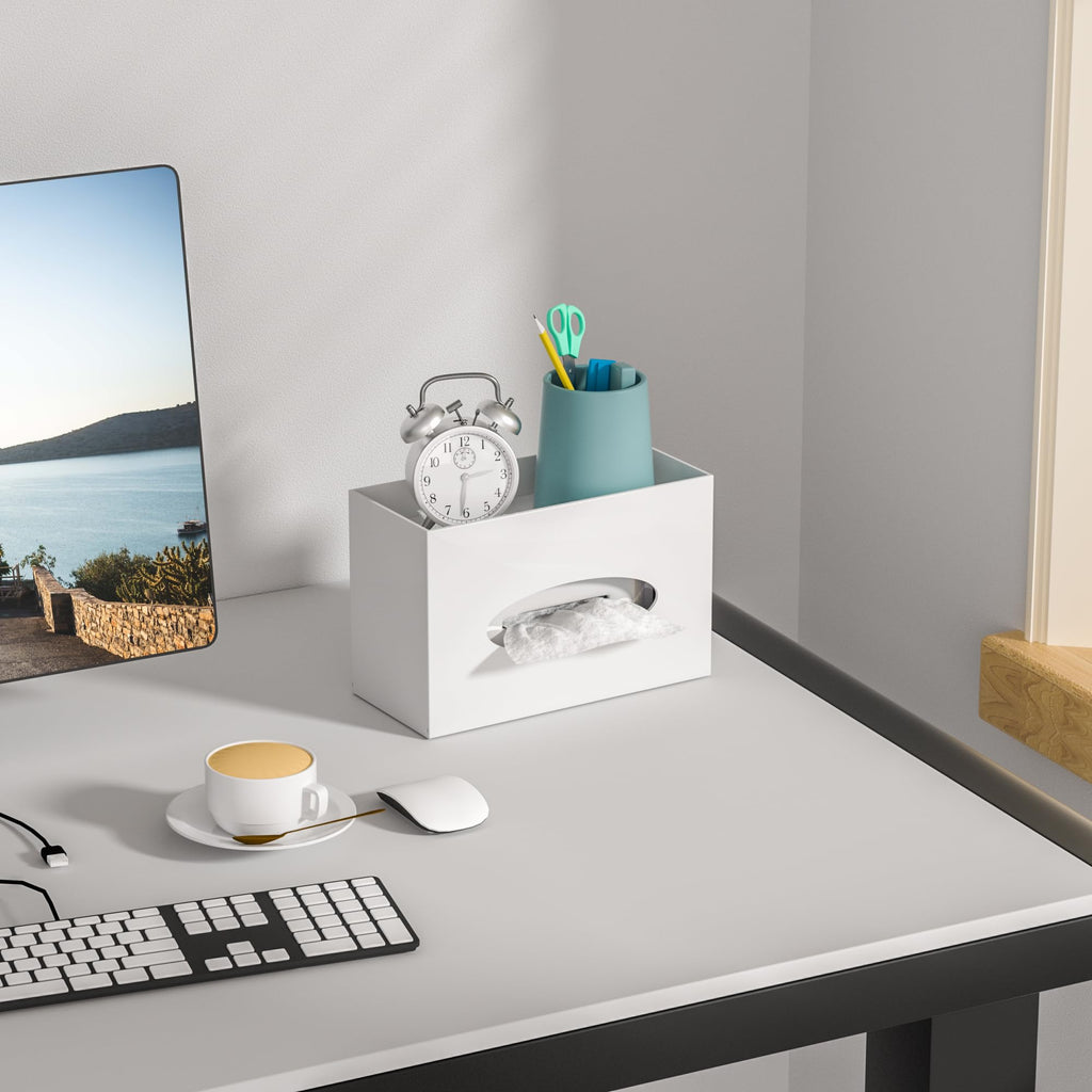 Hongtuocb White Acrylic Tissue Box Cover Rectangular,Acrylic Tissue Dispenser with Storage Tray for Bathroom Kitchen Home Office(White, 9.85x4.5x6.3)