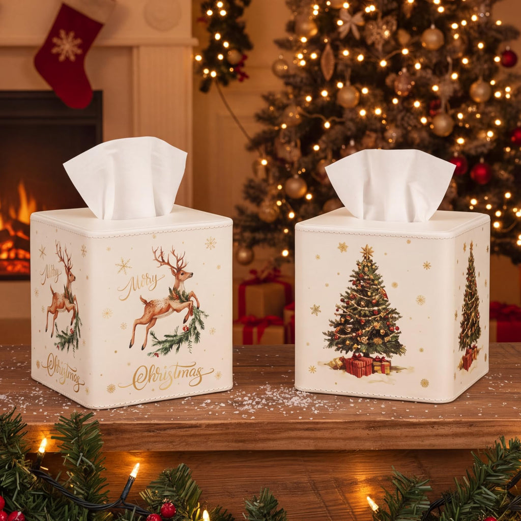 Thyle 2 Pcs Christmas Square Tissue Box Cover PU Leather Christmas Tree Reindeer Tissue Box Holder Closure Xmas Decorations Cube Napkin Holder for Kitchen Car Home Office Living Room Bedroom