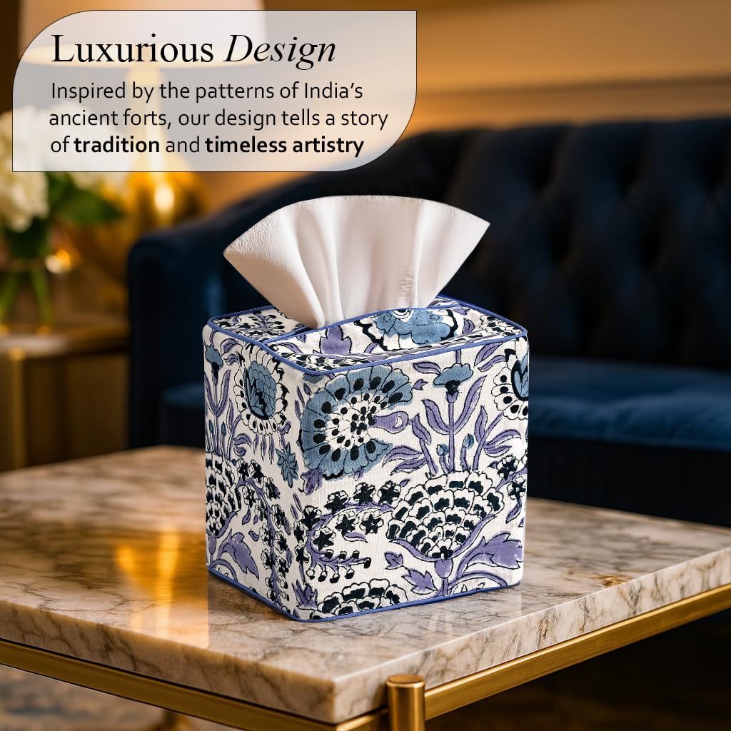 CPC 100% Cotton Piping Block Print Tissue Box Cover, Indigo Blue