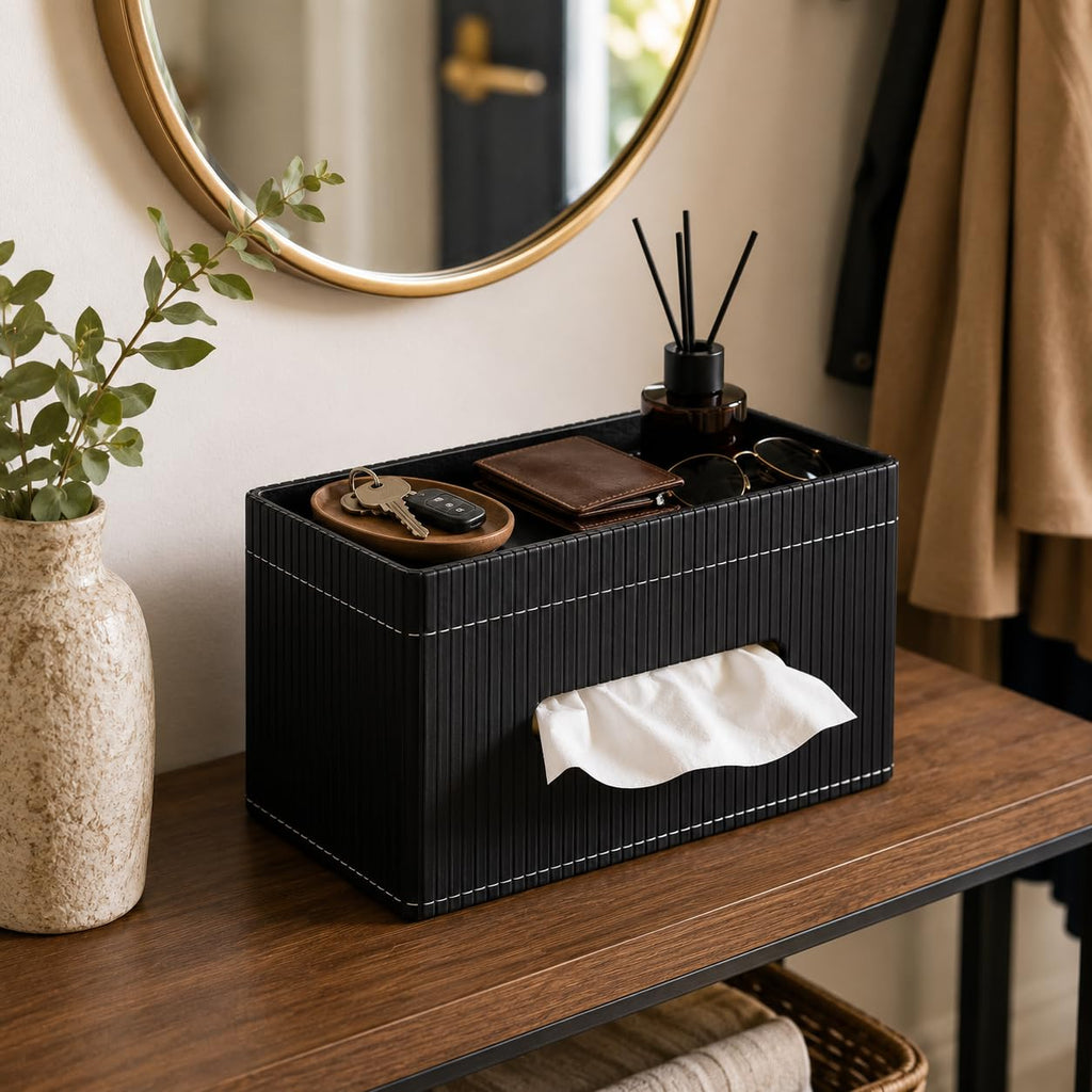 KINGFOM Ribbed PU Leather Tissue Box Cover with Storage Tray, Rectangular Facial Tissue Holder for Bathroom Vanity, Nightstand & Office Desk, Modern Decorative Tissue Dispenser (Matte Black)