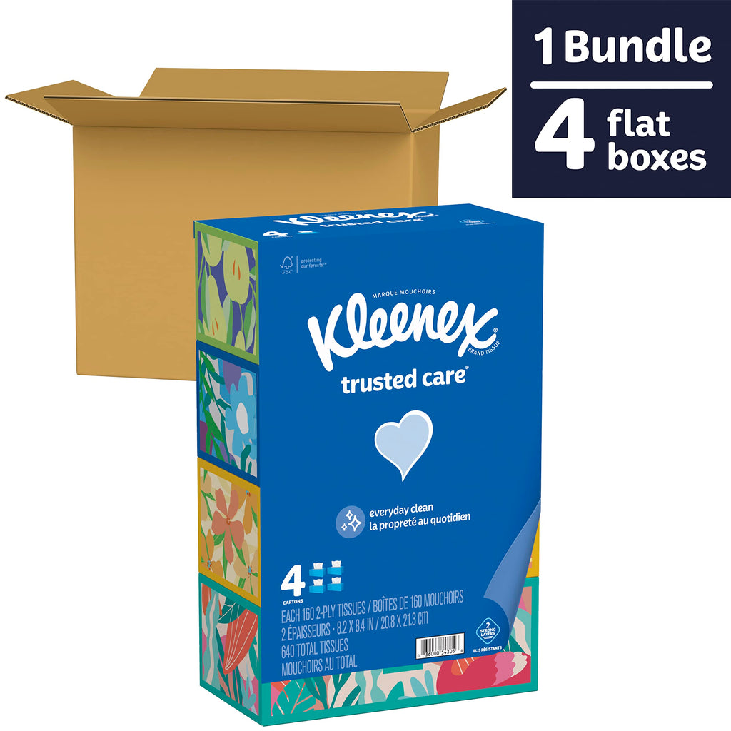 Kleenex Trusted Care Facial Tissues, 4 Flat Boxes, 160 Tissues per Box, 2-Ply (640 Total Tissues)