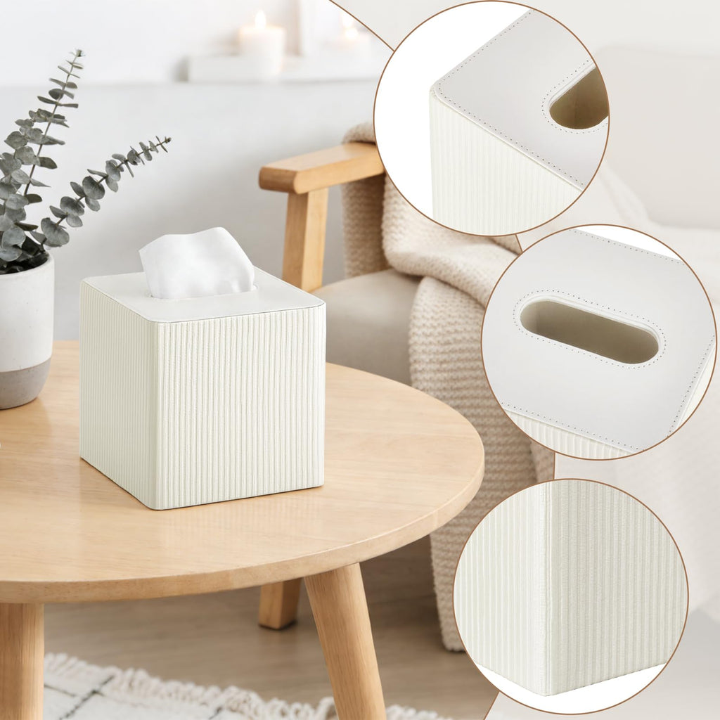 Mkono Tissue Box Cover, PU Leather Square Holder with Bottom, Beige