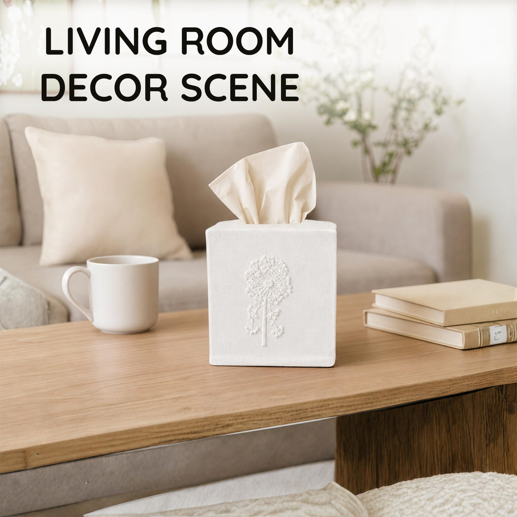 EmbroideryLinen.VN Square Tissue Box Cover Set of 2, White Dandelion
