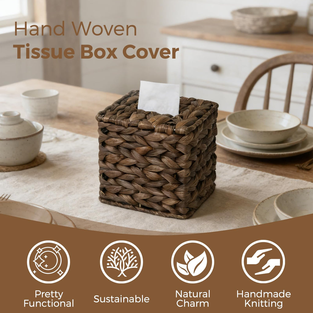 Wicker Tissue Box Cover Square, Handwoven Facial Tissue Box Holder, Brown